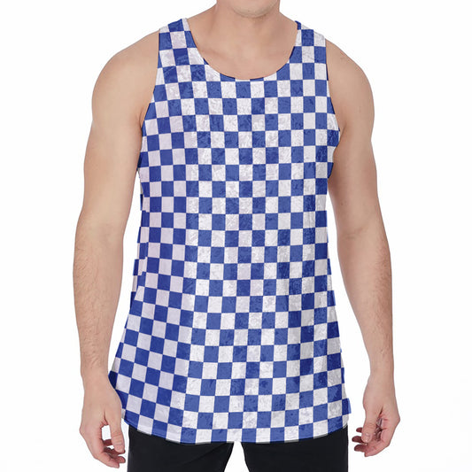 Blue And White Checkered Pattern Print Men's Velvet Tank Top