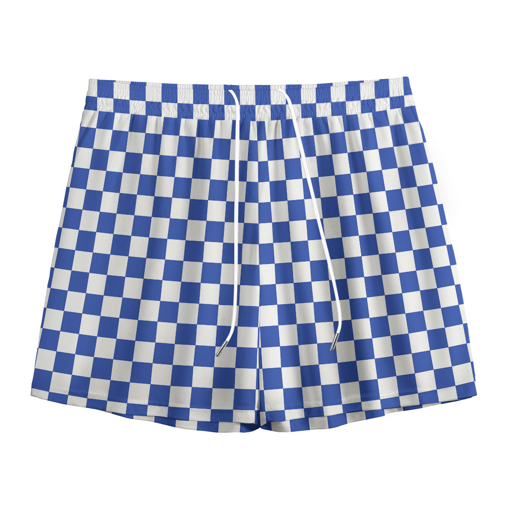 Blue And White Checkered Pattern Print Mesh Shorts