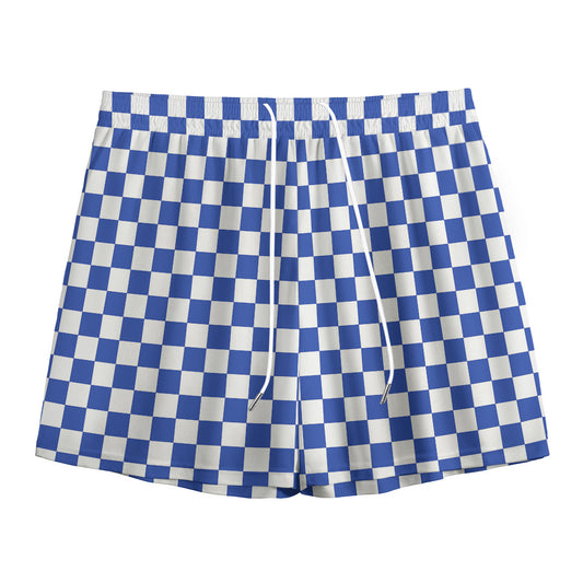 Blue And White Checkered Pattern Print Mesh Shorts