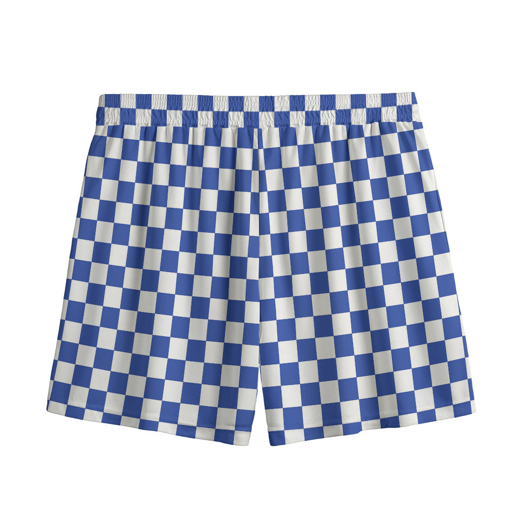 Blue And White Checkered Pattern Print Mesh Shorts