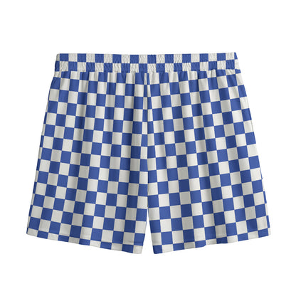 Blue And White Checkered Pattern Print Mesh Shorts