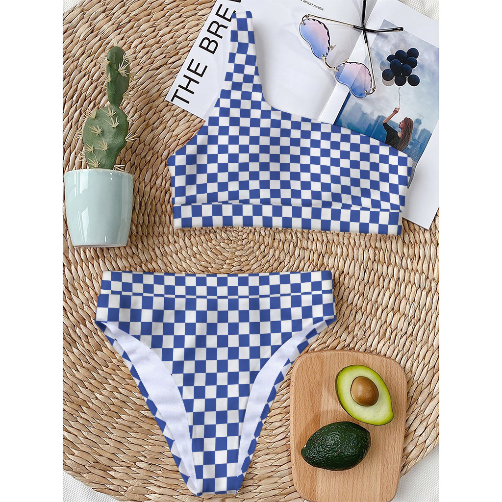Blue And White Checkered Pattern Print One Shoulder Bikini Top