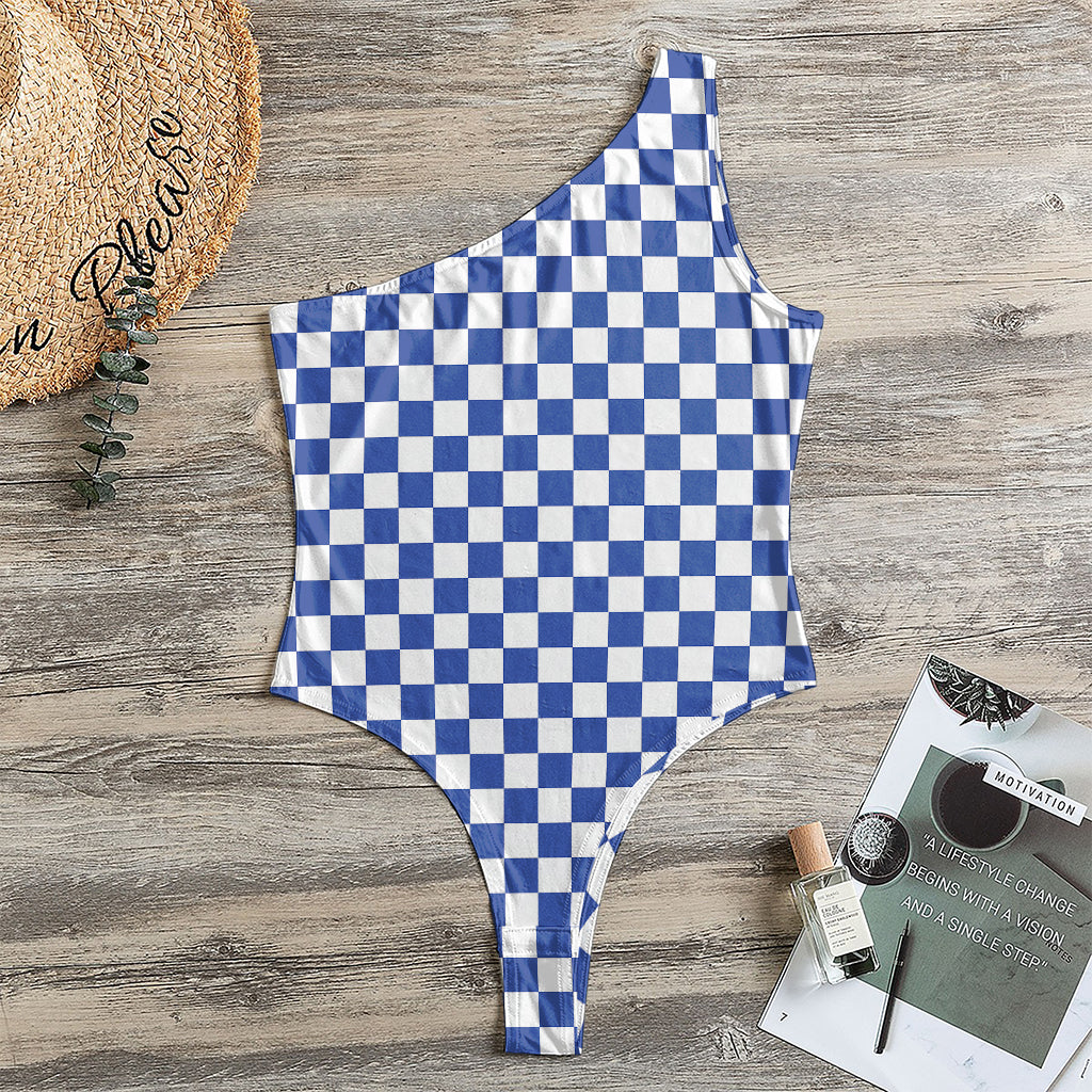 Blue And White Checkered Pattern Print One Shoulder Bodysuit