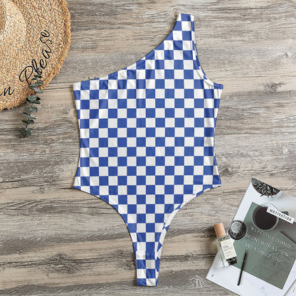 Blue And White Checkered Pattern Print One Shoulder Bodysuit