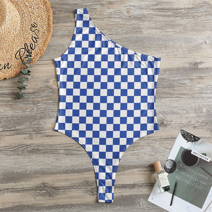 Blue And White Checkered Pattern Print One Shoulder Bodysuit