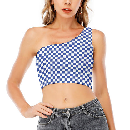 Blue And White Checkered Pattern Print One Shoulder Crop Top