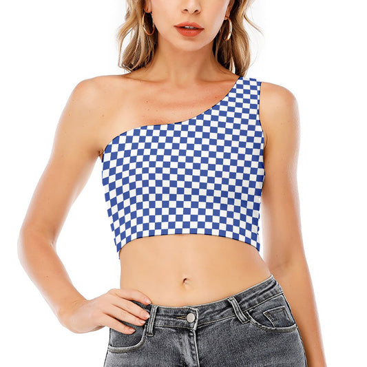 Blue And White Checkered Pattern Print One Shoulder Crop Top