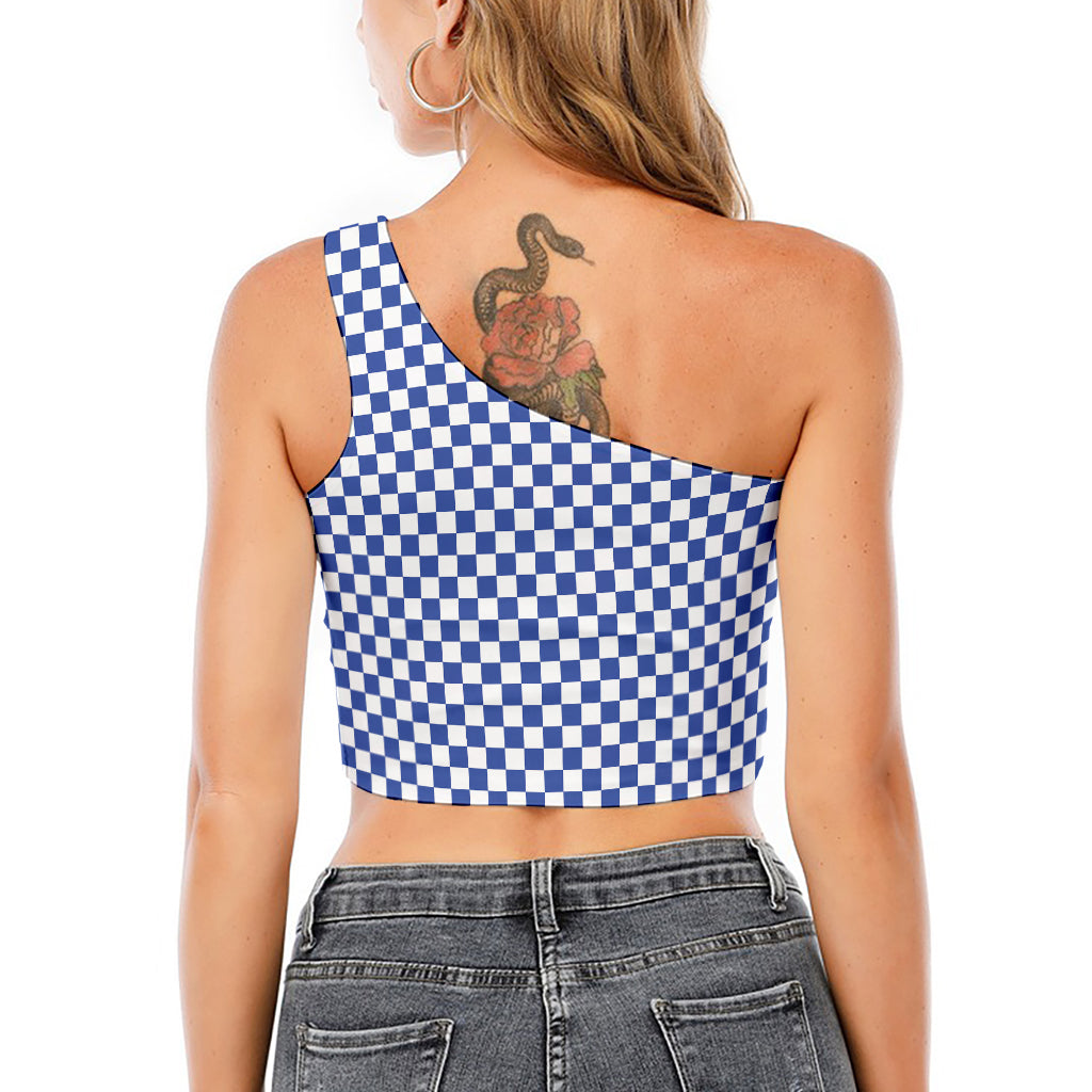 Blue And White Checkered Pattern Print One Shoulder Crop Top