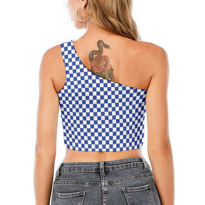 Blue And White Checkered Pattern Print One Shoulder Crop Top