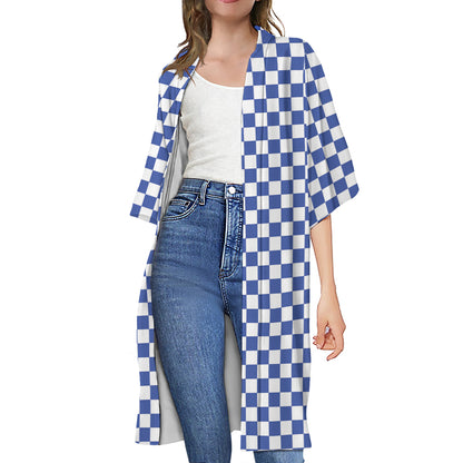 Blue And White Checkered Pattern Print Open Front Beach Cover Up