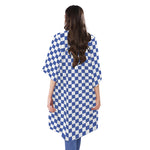 Blue And White Checkered Pattern Print Open Front Beach Cover Up