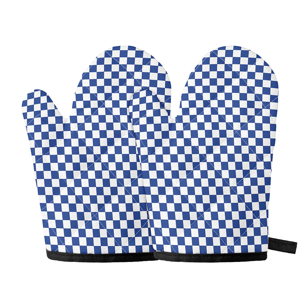 Blue And White Checkered Pattern Print Oven Mitts