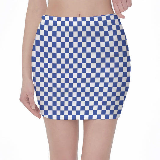 Blue And White Checkered Pattern Print Pencil Mini Skirt