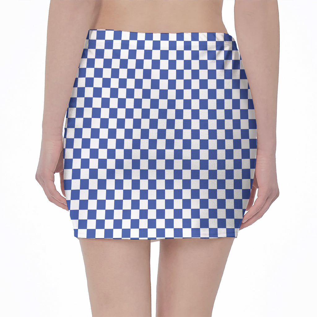 Blue And White Checkered Pattern Print Pencil Mini Skirt