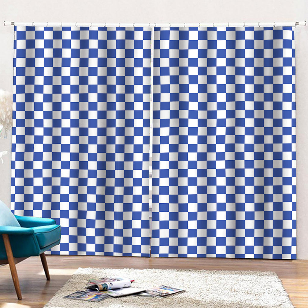 Blue And White Checkered Pattern Print Pencil Pleat Curtains