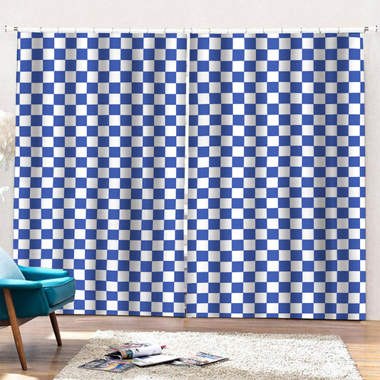 Blue And White Checkered Pattern Print Pencil Pleat Curtains
