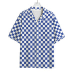 Blue And White Checkered Pattern Print Rayon Hawaiian Shirt