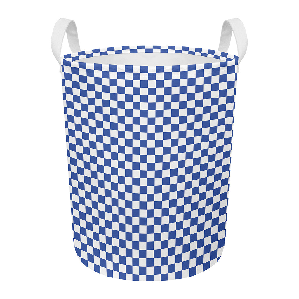 Blue And White Checkered Pattern Print Round Laundry Basket