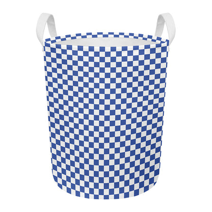 Blue And White Checkered Pattern Print Round Laundry Basket