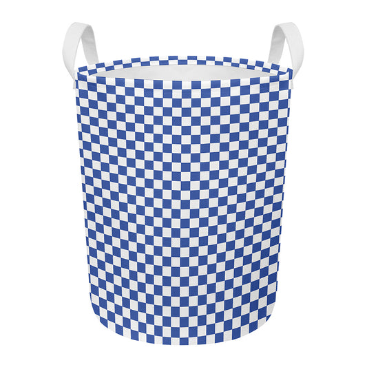 Blue And White Checkered Pattern Print Round Laundry Basket
