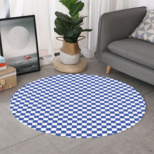 Blue And White Checkered Pattern Print Round Rug