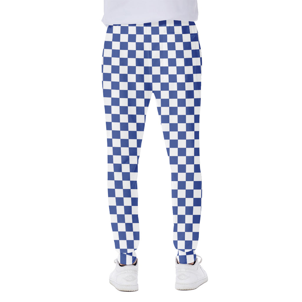 Blue And White Checkered Pattern Print Scuba Joggers