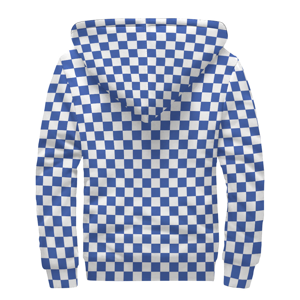 Blue And White Checkered Pattern Print Sherpa Lined Zip Up Hoodie