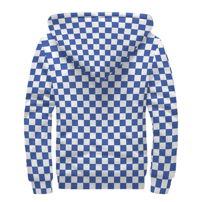 Blue And White Checkered Pattern Print Sherpa Lined Zip Up Hoodie