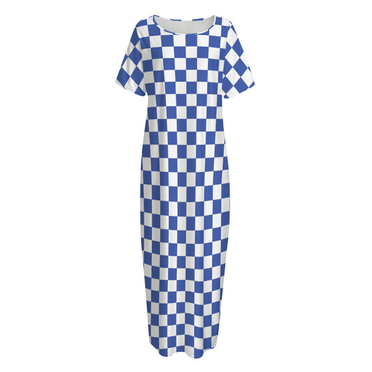 Blue And White Checkered Pattern Print Short Sleeve Long Nightdress