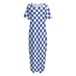Blue And White Checkered Pattern Print Short Sleeve Long Nightdress