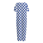 Blue And White Checkered Pattern Print Short Sleeve Long Nightdress