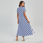 Blue And White Checkered Pattern Print Short Sleeve Maxi Dress