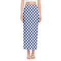 Blue And White Checkered Pattern Print Side Slit Maxi Skirt