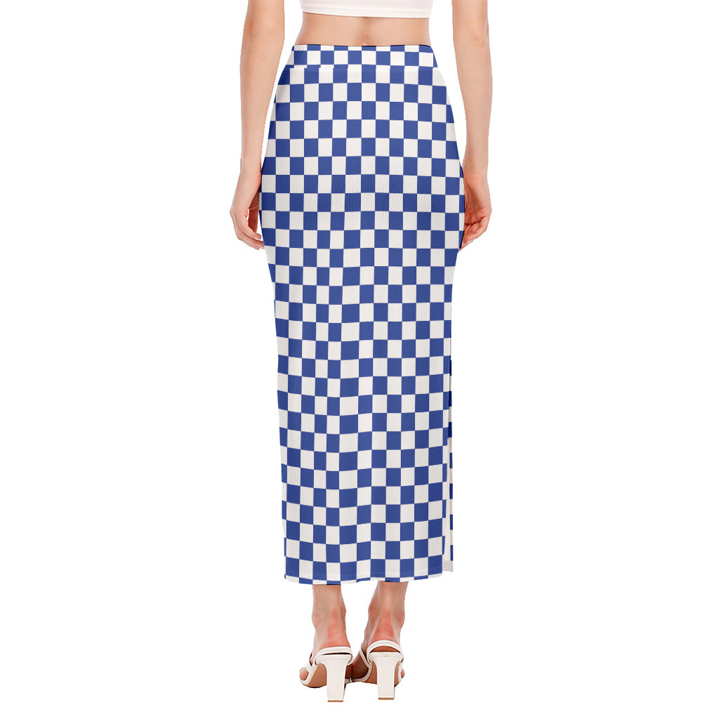 Blue And White Checkered Pattern Print Side Slit Maxi Skirt