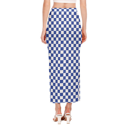 Blue And White Checkered Pattern Print Side Slit Maxi Skirt