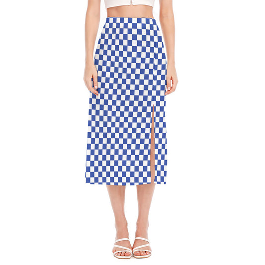 Blue And White Checkered Pattern Print Side Slit Midi Skirt