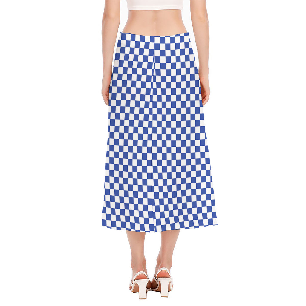 Blue And White Checkered Pattern Print Side Slit Midi Skirt