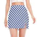Blue And White Checkered Pattern Print Side Slit Mini Skirt