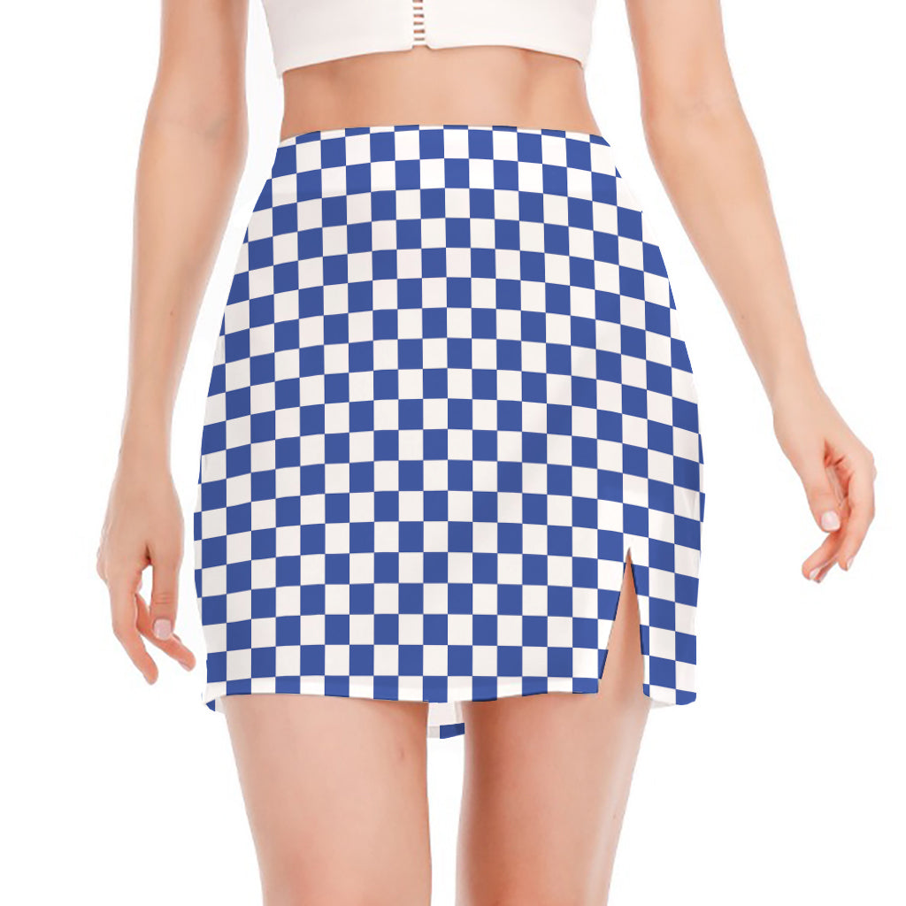 Blue And White Checkered Pattern Print Side Slit Mini Skirt
