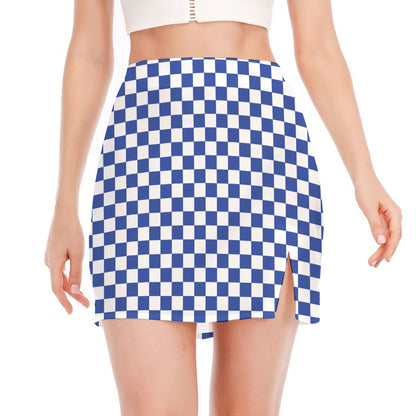 Blue And White Checkered Pattern Print Side Slit Mini Skirt