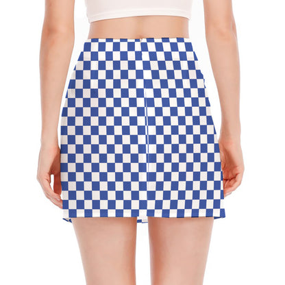 Blue And White Checkered Pattern Print Side Slit Mini Skirt