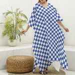 Blue And White Checkered Pattern Print Silk V-Neck Kaftan Dress