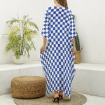 Blue And White Checkered Pattern Print Silk V-Neck Kaftan Dress