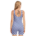 Blue And White Checkered Pattern Print Sleeveless One Piece Swimsuit