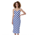 Blue And White Checkered Pattern Print Slim Fit Midi Cami Dress