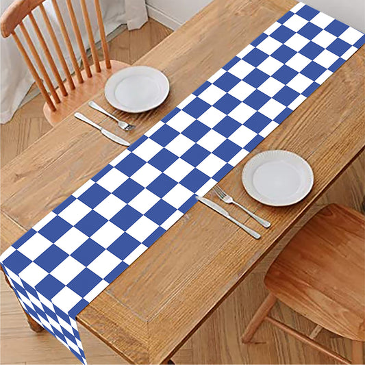 Blue And White Checkered Pattern Print Table Runner