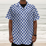 Blue And White Checkered Pattern Print Textured Short Sleeve Shirt