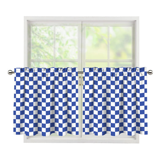 Blue And White Checkered Pattern Print Tier Curtains