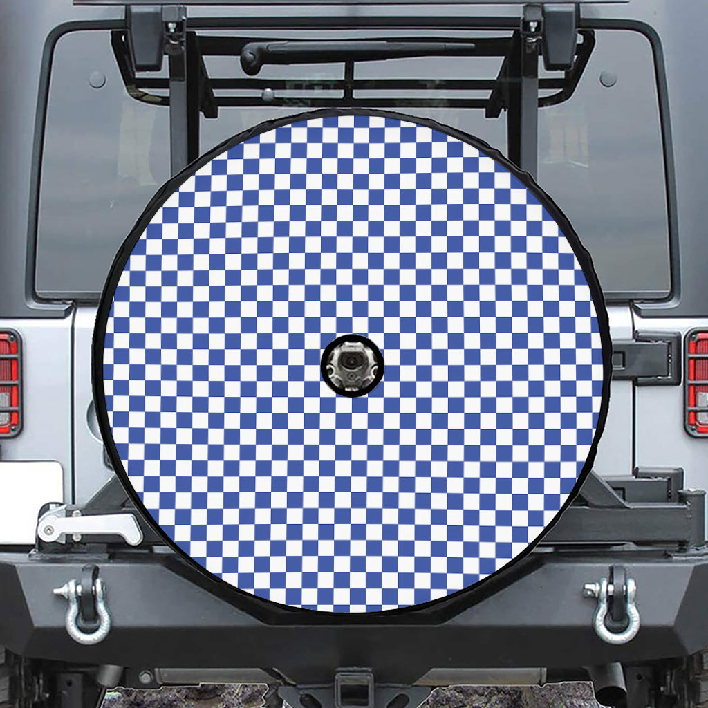 Blue And White Checkered Pattern Print Tire Cover With Camera Hole