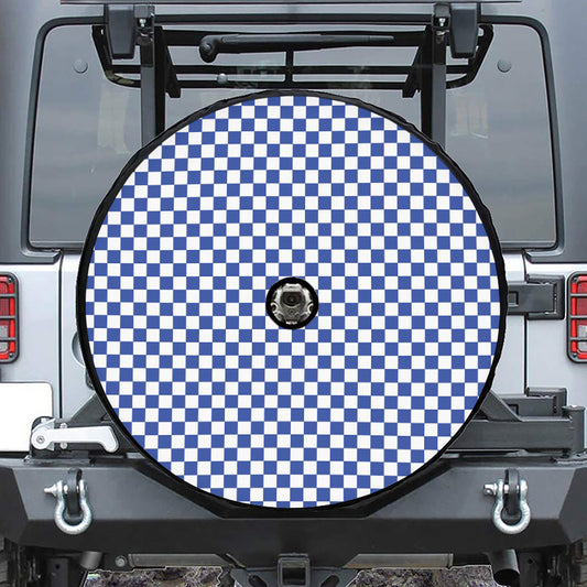 Blue And White Checkered Pattern Print Tire Cover With Camera Hole